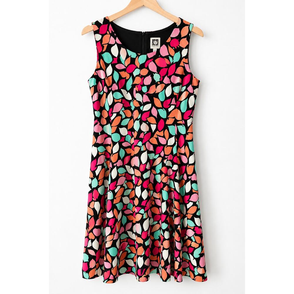 Anne Klein Womens Sleeveless Fit Flare Dress Black Multicolor Leaf Print Size 14